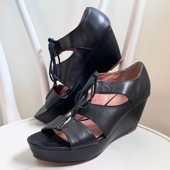 Black Leather Wedge Sandals Lace up Size 41 - Picture 2 of 4